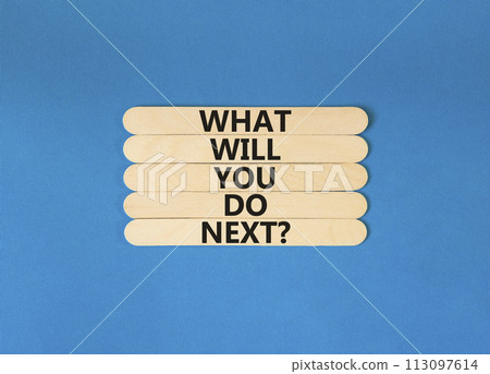 What will you do next symbol. Concept words What will you do next on wooden stick. Beautiful blue table blue background. Business, what will you do next concept. Copy space. What will you do next symbol. Concept words What will you do next on wooden stick. Beautiful blue table blue background. Business, what will you do next concept. Copy space. 113097614