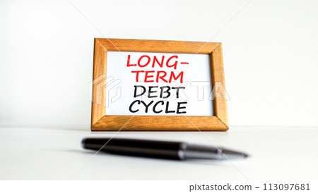 Long-term debt cycle symbol. Concept words Long-term debt cycle on beautiful white wooden frame. Black pen. Beautiful white background. Business Long-term debt cycle concept. Copy space. 113097681