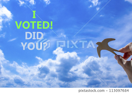I voted. Did you symbol. Concept words I voted. Did you. Beautiful blue sky cloud background. Voter hand with wooden bird. Business I voted. Did you concept. Copy space. I voted. Did you symbol. Concept words I voted. Did you. Beautiful blue sky cloud background. Voter hand with wooden bird. Business I voted. Did you concept. Copy space. 113097684