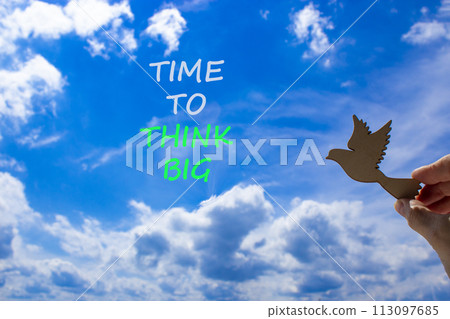 Time to think big symbol. Concept words Time to think big. Beautiful blue sky cloud background. Voter hand with wooden bird. Business and time to think big concept. Copy space. Time to think big symbol. Concept words Time to think big. Beautiful blue sky cloud background. Voter hand with wooden bird. Business and time to think big concept. Copy space. 113097685