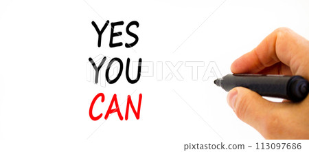 Motivational Yes you can symbol. Concept words Yes you can on beautiful white paper. Beautiful white table white background. Businessman hand. Business motivational Yes you can concept. Copy space Motivational Yes you can symbol. Concept words Yes you can on beautiful white paper. Beautiful white table white background. Businessman hand. Business motivational Yes you can concept. Copy space 113097686