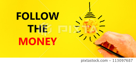 Follow the money symbol. Concept words Follow the money on beautiful yellow paper. Beautiful yellow background. Light bulb icon. Businessman hand. Business and follow the money concept. Copy space. 113097687