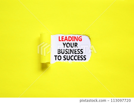 Leading your business to success symbol. Concept words Leading your business to success on beautiful white paper. Beautiful yellow paper background. Leading your business to success concept Copy space 113097720