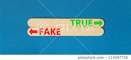 True or fake symbol. Concept word True or Fake on beautiful wooden stick. Beautiful blue table blue background. Business and true or fake concept. Copy space. 113097726