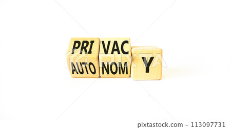 Privacy or autonomy symbol. Concept word Privacy or Autonomy on wooden cubes. Beautiful white table white background. Business privacy or autonomy concept. Copy space. 113097731