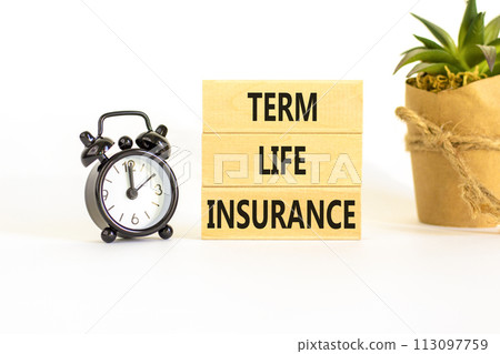 Term life insurance symbol. Concept words Term life insurance on beautiful wooden blocks. Beautiful white table white background. Black alarm clock. Medical term life insurance concept. Copy space. 113097759