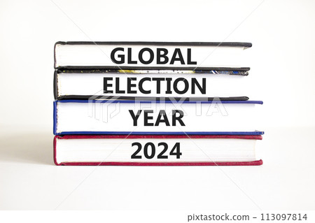 Global election year 2024 symbol. Concept words Global election year 2024 on beautiful books. Beautiful white table white background. Business Global election year 2024 concept. Copy space. 113097814
