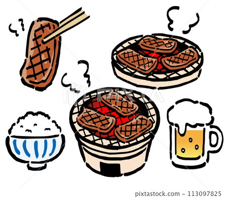 Hand-drawn illustration set of grilled meat (pickled with chopsticks), heaping amount of rice, and beer Hand-drawn illustration set of grilled meat (pickled with chopsticks), heaping amount of rice, and beer 113097825