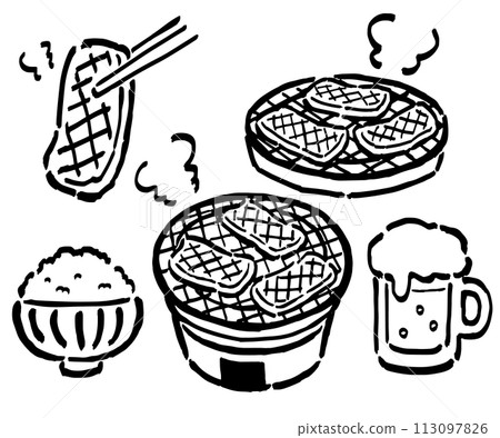 Hand-drawn illustrations of grilled meat (chocolate and chopsticks), heaps of rice, and beer, monochrome line drawing set 113097826