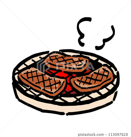 Hand-drawn illustration of yakiniku grilled on a charcoal grill (upper part only) Hand-drawn illustration of yakiniku grilled on a charcoal grill (upper part only) 113097828