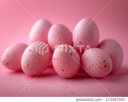 Pink and Golden Easter Eggs Background. Holiday Minimal Aesthetic Wallpaper with Easter Eggs and Copy Space. 113097945