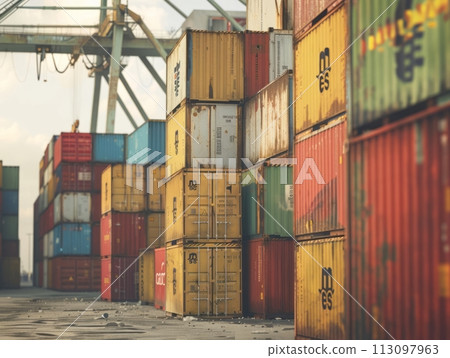 Cargo containers stacked in a port. The containers are used for shipping, transportation, Global Trade and Logistics in various industries.  113097963