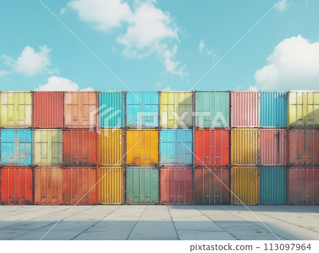 Cargo containers stacked in a port. The containers are used for shipping, transportation, Global Trade and Logistics in various industries.  113097964
