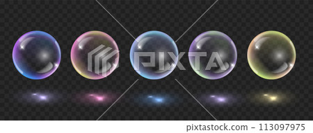 Realistic soft colorful soap bubbles. Transparent crystal soap bubbles isolated on dark transparent background Realistic soft colorful soap bubbles. Transparent crystal soap bubbles isolated on dark transparent background 113097975