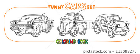 Funny small retro cars with eyes coloring book set Funny small retro cars with eyes coloring book set 113098273