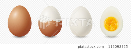 Vector 3d Realistic Brown Chicken Eggs. Textured Whole, Cracked Broken, Peeled Boiled Chicken Egg, Hard-Boiled Chicken Egg With Yolk Closeup Isolated. Eggs Isolated. Whole, Cut in Half Egg, Front View 113098525