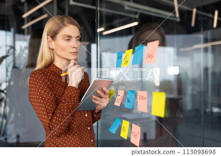 Focused businesswoman using sticky notes for brainstorming and planning on a glass wall in a modern office setting. 113098698