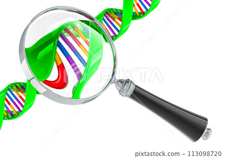 Dna spiral with loupe. Biotechnology research, concept. 3D rendering 113098720