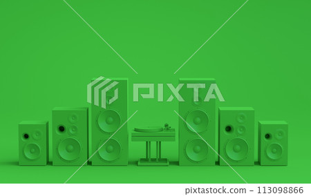 Set of Hi-fi speakers and DJ turntable for sound recording studio on monochrome Set of Hi-fi speakers and DJ turntable for sound recording studio on monochrome 113098866