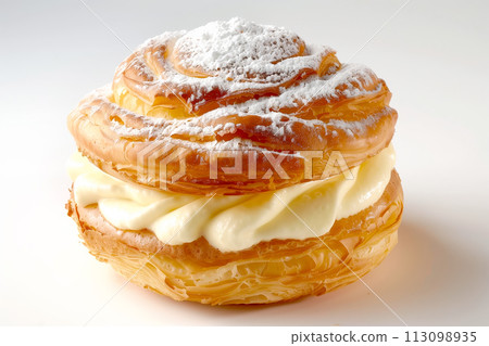 Paris-Brest or eclairs topped with powdered sugar, layers of choux pastry, filled with cream Paris-Brest or eclairs topped with powdered sugar, layers of choux pastry, filled with cream 113098935