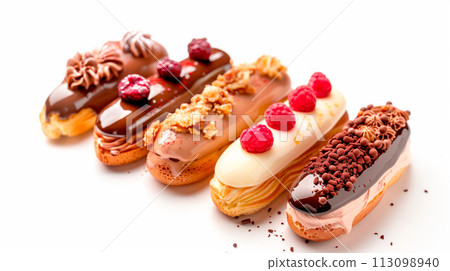 Different types of eclairs topped with nuts, berries and chocolate on a white background 113098940