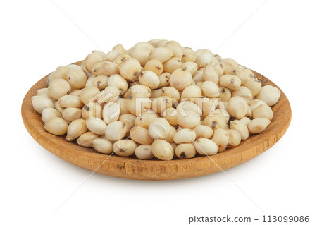 Sorghum seeds in wooden bowl isolated on white background with full depth of field. 113099086