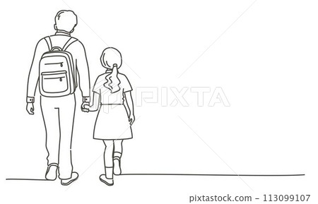 A man and a girl are walking together, with the girl holding the man's hand 113099107