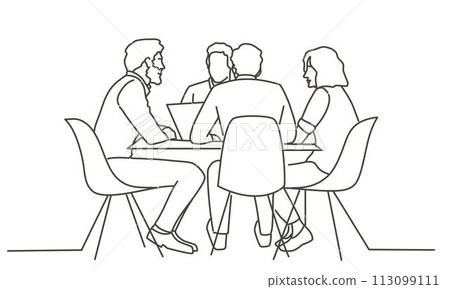 A group of people are sitting around a table, with one person using a laptop 113099111