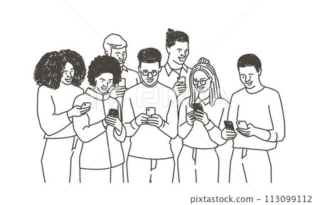 A group of people are standing together and looking at their cell phones 113099112