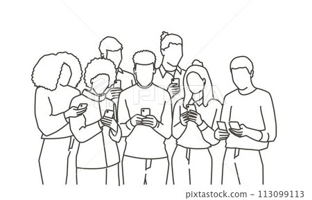 A group of people are standing together and looking at their cell phones 113099113
