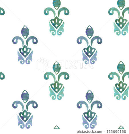 Classic Seamless watercolor Pattern. Hand painted Tracery Geometric. Blue Monochrome Ornament painted with watercolor on paper. Handmade. Print for textiles, vintage tile. Grunge Granulation texture Classic Seamless watercolor Pattern. Hand painted Tracery Geometric. Blue Monochrome Ornament painted with watercolor on paper. Handmade. Print for textiles, vintage tile. Grunge Granulation texture 113099168