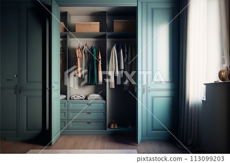 Open vintage wardrobe with neatly organized clothes 113099203