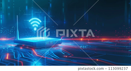 Wifi router isolated on the abstract blue background with icon wifi over them, internet concept Wifi router isolated on the abstract blue background with icon wifi over them, internet concept 113099237
