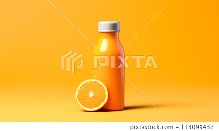 Orange juice in a glass bottle on an orange backdrop. 113099432