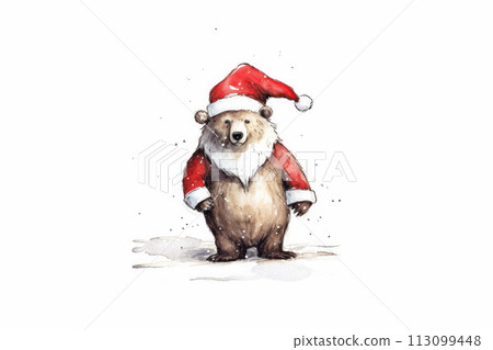 A charming watercolor illustration featuring a bear adorned in Santa's hat 113099448