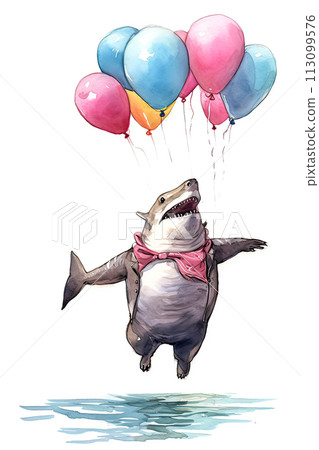 A charming watercolor shark, buoyed by vibrant balloons 113099576