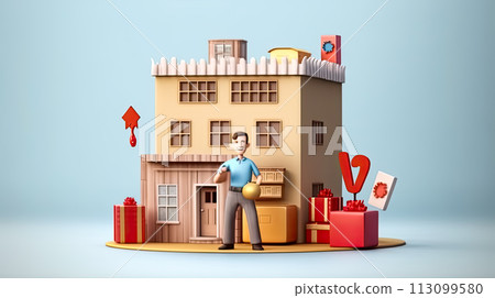 3D illustration of a man against a house backdrop, symbolizing a move. 3D illustration of a man against a house backdrop, symbolizing a move. 113099580