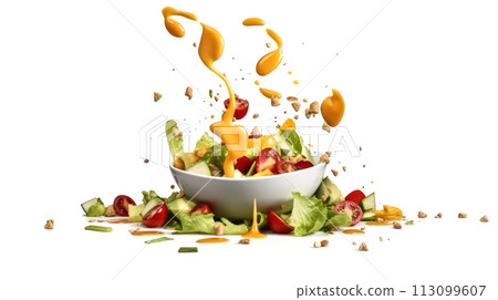 Vibrant vegetable salad with artistic sauce splashes 113099607