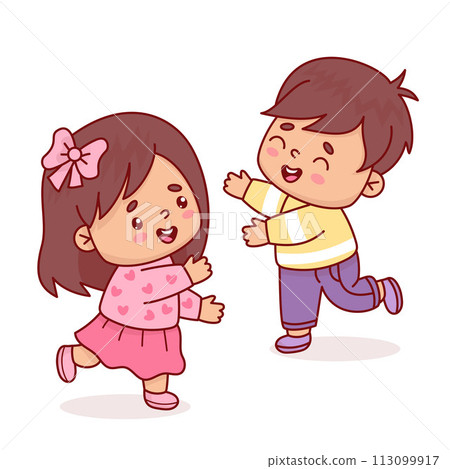 Cute joyful children boy and girl. Vector illustration cartoon kawaii style. Positive kid character 113099917