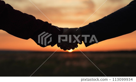 Handshake at sunset silhouette in park field. Hand shake two farmers business people on background of setting sun in meadow making deal conclusion of transaction bargaining. Agricultural business. Handshake at sunset silhouette in park field. Hand shake two farmers business people on background of setting sun in meadow making deal conclusion of transaction bargaining. Agricultural business. 113099934