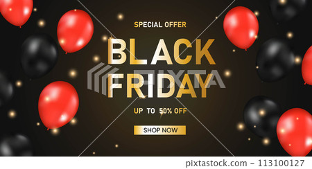 Gold black friday sale banner with golden serpentine and 50 percent discount. web, poster, promotions. Vector illustration 113100127