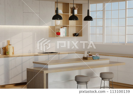 Minimal cozy kitchen white modern interior in farmhouse style. nordic kitchen in loft apartment. 3D rendering. 113100139