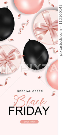 Black friday vertical sale banner with realistic glossy balloons, gift box and ribbon text on pink background. Vector illustration 113100142