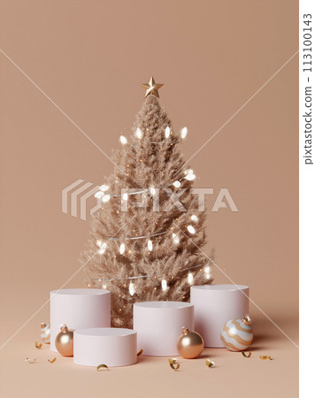 3d Christmas tree podium. Realistic 3d design stage podium. Decorative festive elements glass bauble balls. Xmas holiday template podium. 113100143