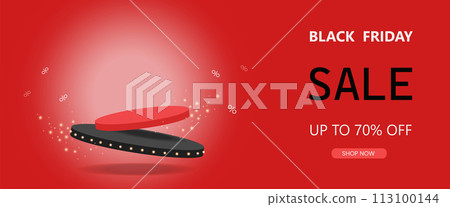 Black Friday podium background, podium neon with shopping bag sign, Vector illustration 113100144