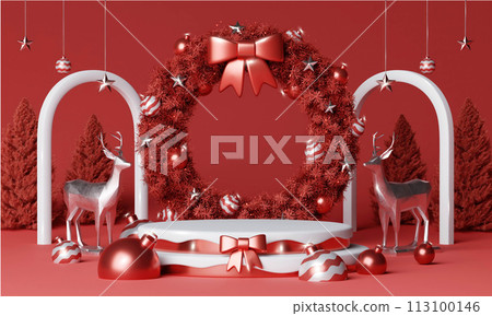 3d Christmas Wreath podium. Realistic 3d design stage podium. Decorative festive elements glass bauble balls. Xmas holiday template podium. 113100146