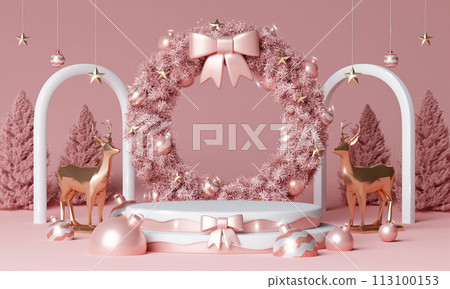 3d Christmas Wreath podium. Realistic 3d design stage podium. Decorative festive elements glass bauble balls. Xmas holiday template podium. 3d Christmas Wreath podium. Realistic 3d design stage podium. Decorative festive elements glass bauble balls. Xmas holiday template podium. 113100153