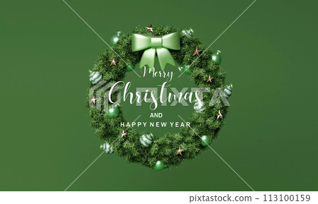 3d Christmas Wreath podium. Realistic 3d design stage podium. Decorative festive elements glass bauble balls. Xmas holiday template podium. 113100159