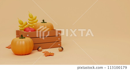 3d Autumn season fruit with basket. concept of autumn, winter and outdoors. copy space text, 3D rendering 113100179