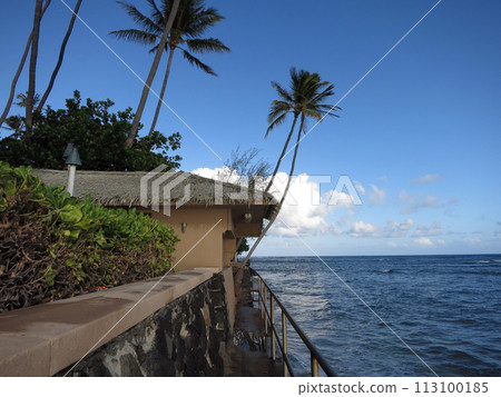 Concrete path with metal railing along cliff shore with coconut trees overhead and building structure next to shallow ocean waters Concrete path with metal railing along cliff shore with coconut trees overhead and building structure next to shallow ocean waters 113100185